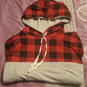 Grateful Hearts Red & Black Checkered Plaid & Gray Pullover Hoodie Womens Large